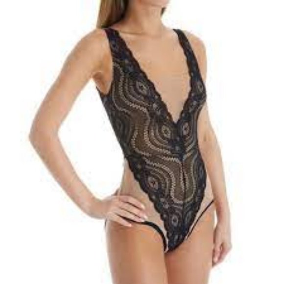 New with tags UP ALL NIGHT Black Lace & Nude Mesh Bodysuit Size Large - Picture 1 of 8